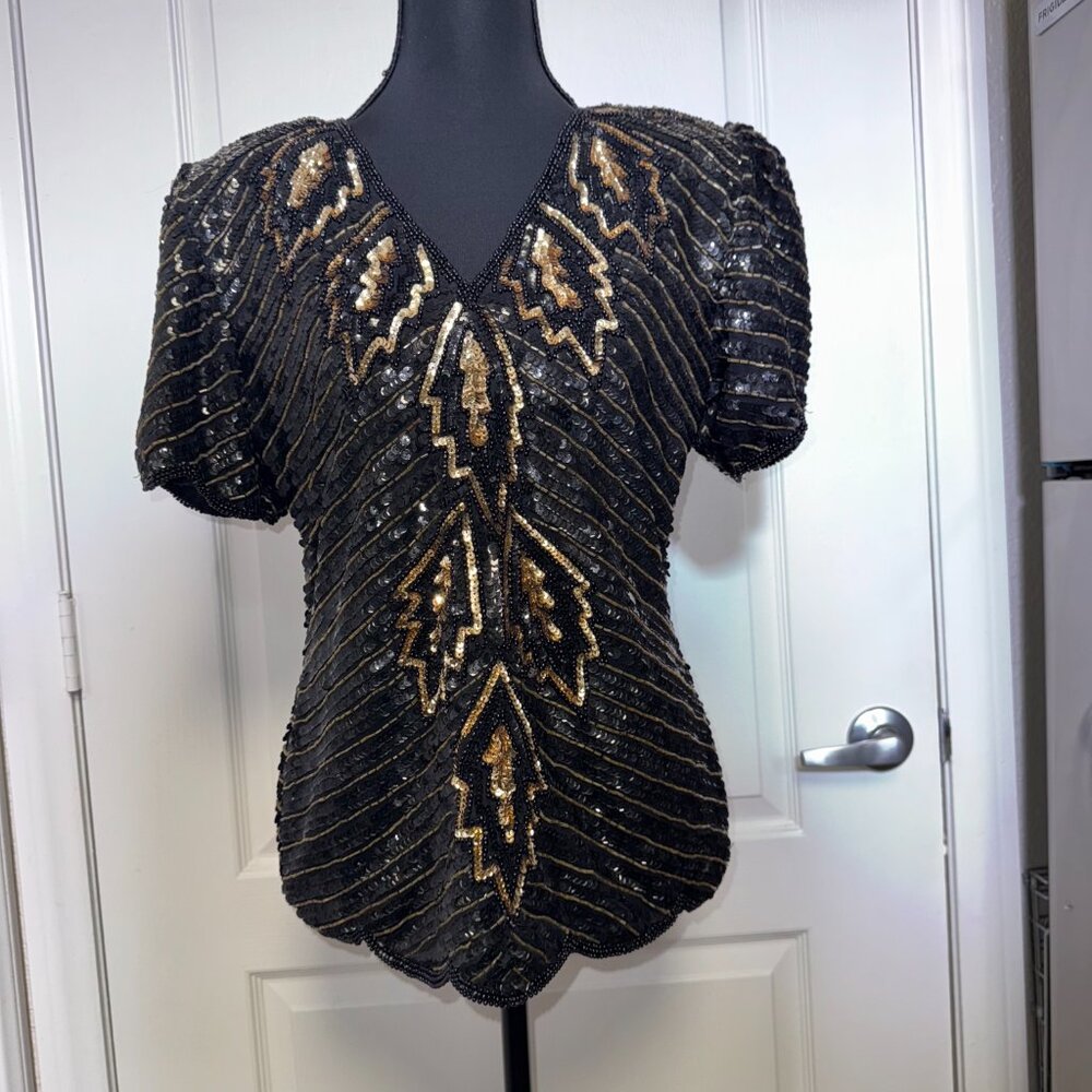 Vintage Stenay Black Gold Silk Beaded Sequin Art Deco Evening Top S